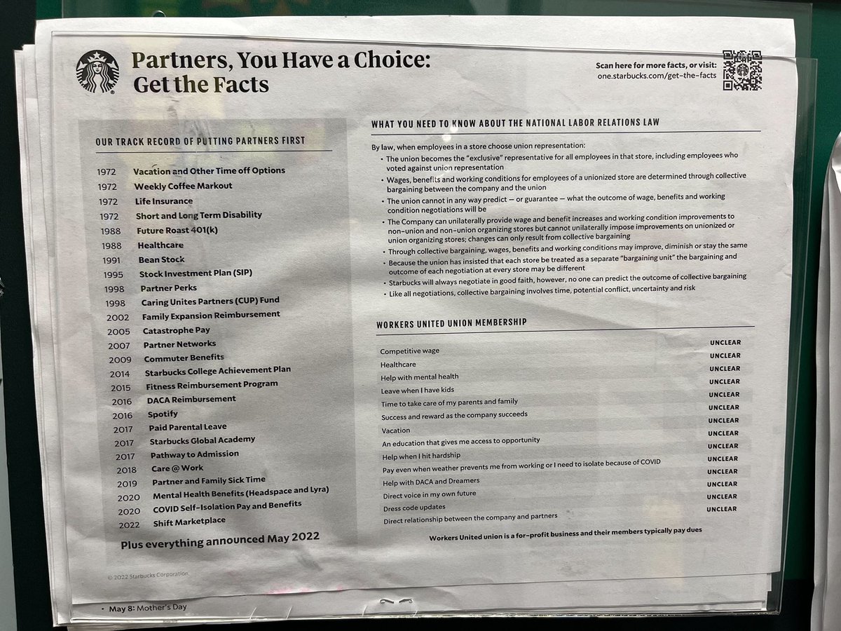 UnionBrian's tweet photo. So Starbucks has gotten to the stage of union busting where they threaten to take away support for DACA or Dreamer recipients if they unionize. Absolutely disgusting along with the other illegal threats listed. https://t.co/kgQMpcOkJu