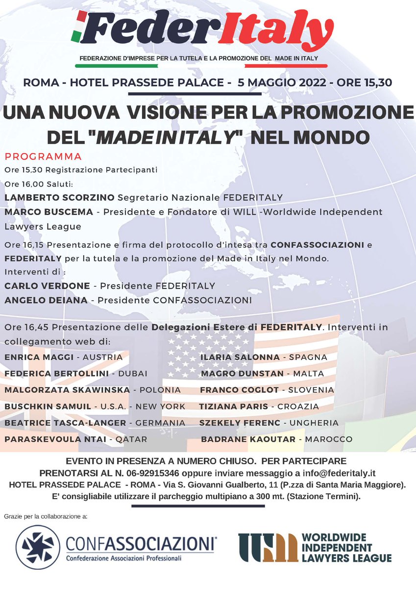 #Senzafrettamasenzasosta domani alle 15.30, #grazie al #Presidente Verdone, firmeremo a #Roma un #protocollo di #intesa con #Federitaly per lo #sviluppo delle nostre #imprese e delle nostre #professioni sui #mercati #internazionali 

#Confassociazioni #laretedellereti #admaiora