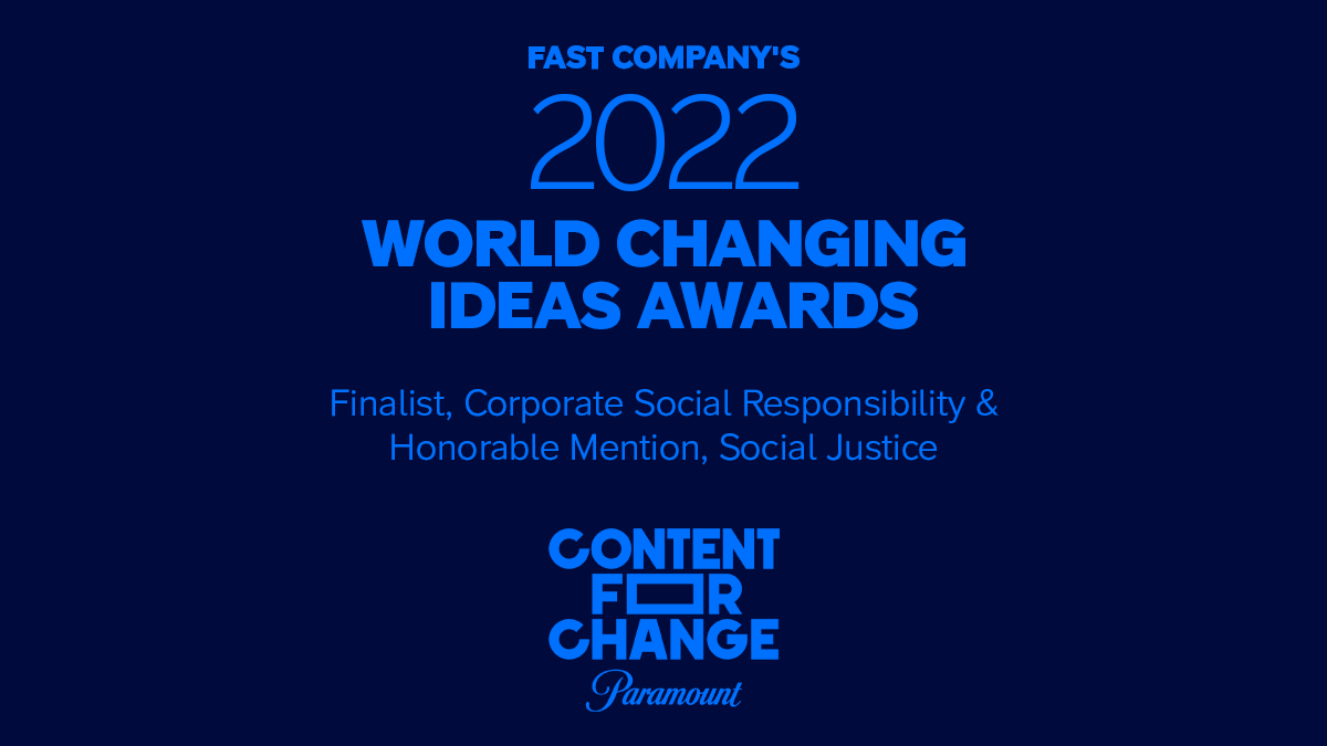 paramountco's tweet image. We’re so proud that #ContentforChange was recognized by 
@FastCompany’s 2022 World Changing Ideas Awards. 
 
The initiative aims to transform how the world sees people by counteracting bias &amp;amp; ensuring equity throughout our creative ecosystem.
 
#FCWorldChangingIdeas