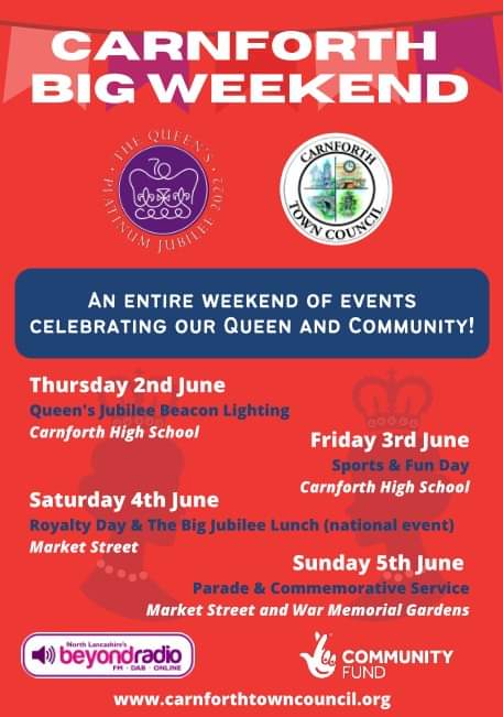 Tickets for free Big Jubilee Lunch available now. Don't miss out. Book now!  eventbrite.co.uk/e/324970364107
<a href="/BeyondRadio/">Beyond Radio 🎙</a> <a href="/CarnforthICC/">Carnforth Integrated Care Community</a> <a href="/carn4th/">Carnforth & Surrounding Areas</a> <a href="/CarnforthRanger/">Carnforth Rangers FC</a> <a href="/CarnforthBusin1/">Carnforth Business Network</a> <a href="/carnforthhigh/">CHS</a> <a href="/BlsWombles/">Carnforth Wombles</a> <a href="/Carnforth_Fire/">Carnforth Fire</a> <a href="/nwpals_pts/">nwpals</a> <a href="/LancasterCC/">Lancaster City Council</a> 
#Carnforthcan #communitiescan