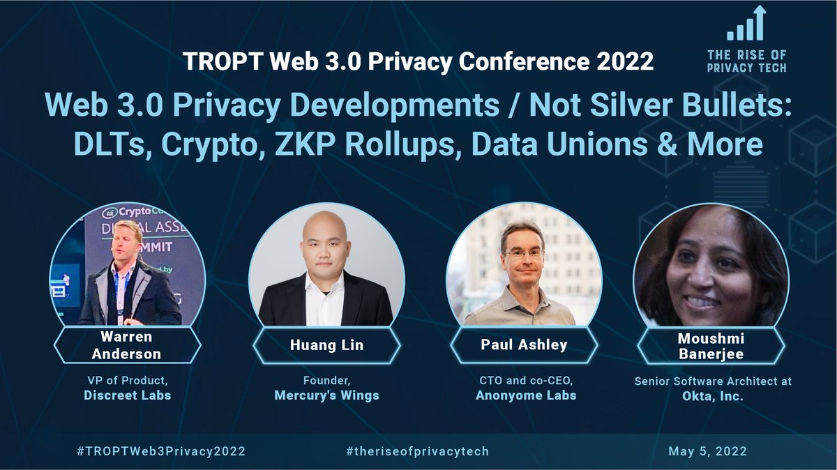 PrivacyTechRise's tweet photo. 📣 Tomorrow @warpaul (@discreet_labs), @Suter78058619 (Mercury's Wings),  @Sudo_Dr (@AnonyomeLabs), &amp; @mron0210 (@okta) speak on “Web 3.0 Privacy Developments / Not Silver Bullets: DLTs, Crypto, ZKP Rollups, Data Unions &amp; More" at #TROPTWeb3Privacy2022.

https://t.co/DVqw1axSn1 https://t.co/wRSVKpOwqg