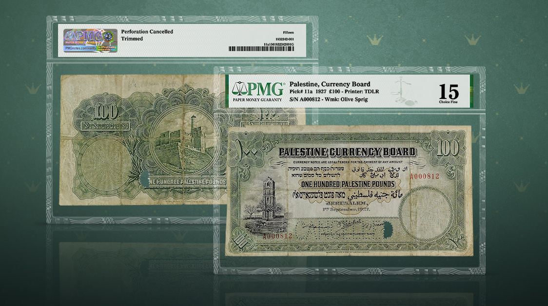 PMGnotes's tweet photo. A PMG-certified Palestine £100 led the way at a recent @SpinkandSon sale, realizing £168,000 (about $210,500). Only about 10 of these high-denomination notes are known to exist. Learn more: https://t.co/RDGGUWiqa1 #numismatics #papermoney #banknote #palestine #papermoneycollector https://t.co/1ZzoD063vr