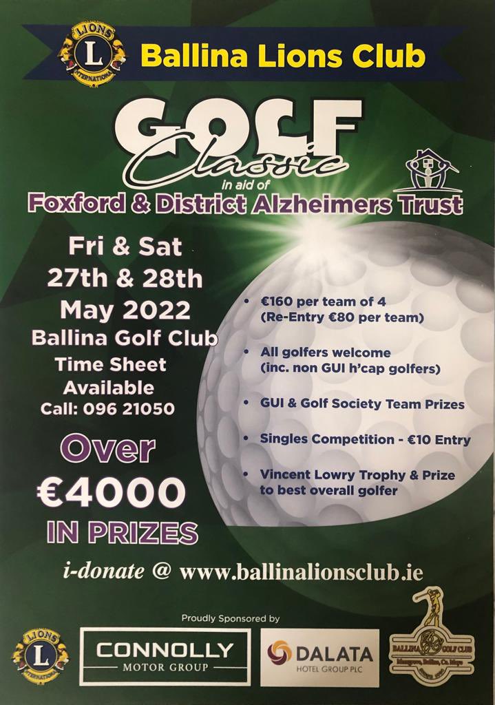 Sharing details of our Charity Golf Classic at Ballina Golf Club on May 27th and 28th, 2022, with proceeds going to the Foxford &amp; District Alzheimer Trust. Full details here: bit.ly/3P1rzGP
Tee Sheet: Ballina Golf Club 096-21050
Donations welcome: bit.ly/3LKbP9p