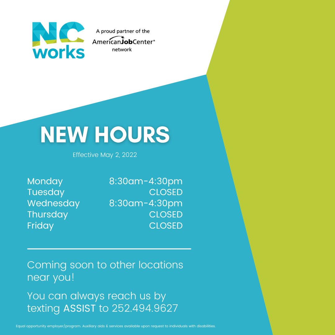 NC Works BOCO Office has new hours!