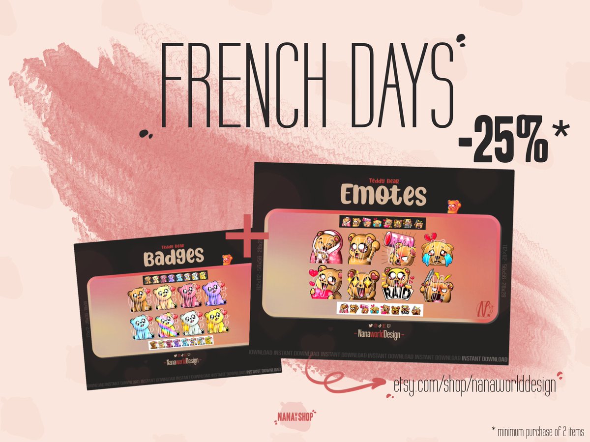 NanaWorldDesign's tweet photo. ✨Offre FRENCH DAYS ✨
Des oursons trop mignon assortis 🧸
Un pack d'emote Teddy bear avec ses badges disponible sur https://t.co/CjBPMp16UA
Il ne faut plus attendre et aller shopper!🛍
#makeyourmix
-25% à partir de 2 articles achetés!🏷
#emoteartist #promos #twitchstreamer https://t.co/XyViLJGr36