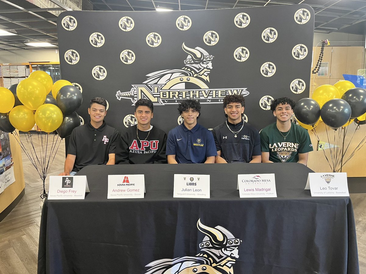 Congratulations to Diego Frey (baseball), Andrew Gomez (soccer), Julian Leon (wrestling), Lewis Madrigal (football) and Leo Tovar (basketball) for signing today to continue their academic and athletic careers. @NHSVikings @SGVNSports @James_Escarcega