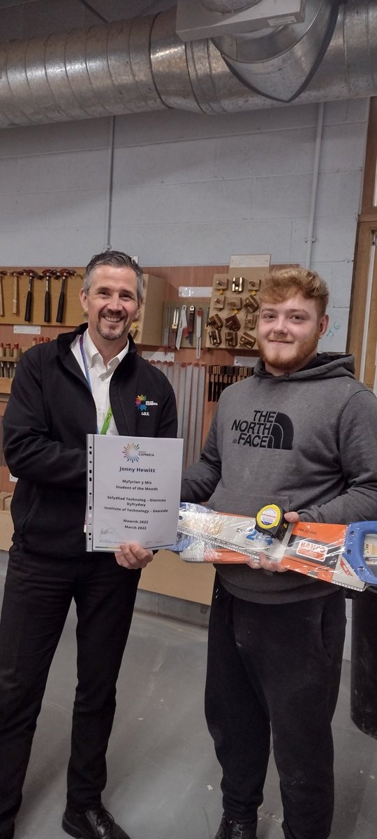 Johnny Hewitt one of our Level 2 Architectural Joinery students @colegcambria Deeside, is our IoT Student-of-the-Month for March. Many thanks to Chris <a href="/getools/">G E Tools</a> for kindly donating 3 <a href="/BahcoTools/">Bahco</a> saws and a 5m tape measure. Well done Johnny 👏👏👏