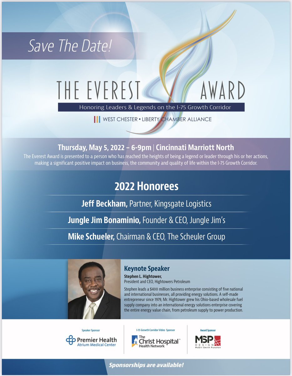 #PleaseJoin <a href="/SteveHightower1/">Steve Hightower</a> #President &amp; #CEO of @HightowersPetrol #Tomorrow #May5 #CincoDeMayo as he serves as #KeynoteSpeaker 4 the <a href="/WCLChamAlliance/">WCLChamber Alliance</a> for Everest Award honoring #Leaders &amp; #Legends at 6PM #Cincinnati #Marriott