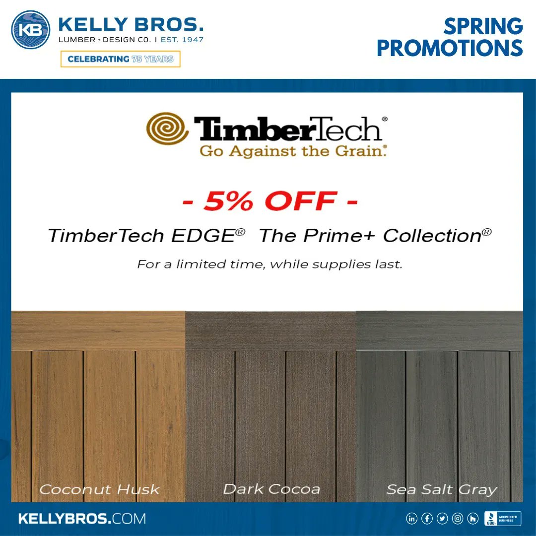 KellyBros's tweet photo. Take advantage of our 𝟱% 𝗢𝗙𝗙 TimberTech EDGE®  The Prime+ Collection® while supplies last! 

Visit our Outdoor Living Design Gallery for more inspiration options: https://t.co/znAF62VmMh

#KellyBrosNKY #NKYRemodeler #TimberTech #outdoorliving #decks https://t.co/ElmVMcdqQf