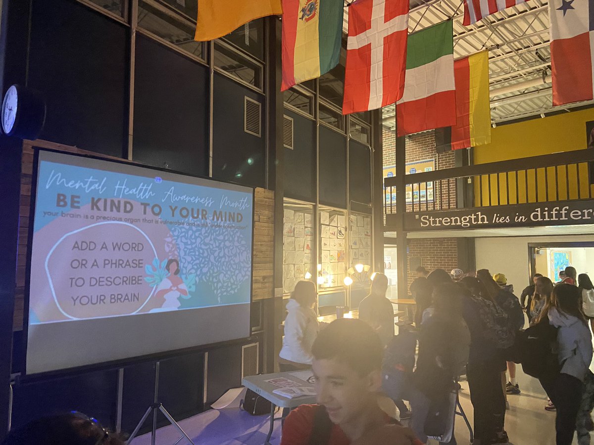 What a beautiful way to start the morning <a href="/heritagescoop/">Heritage MS</a> with some #MentalHealthAwarenessMonth info in the commons and a chance for students to practice being kind to our mind.  Thank you to Mrs. Peterlin and Mrs. McLaughlin for adding this chapter to #OurStory