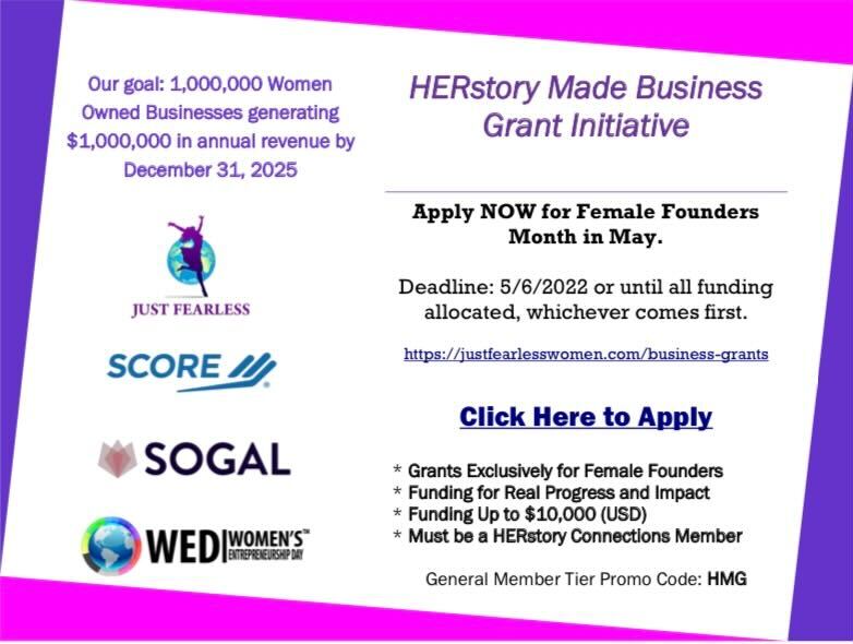 HERstory Made Business Grant Initiative is an incredible opportunity for Female Founders, which includes startups in Startup Grind. 

There is no cost for a Female Founder to apply and the deadline is May 6th, 2022. #FemaleEntrepreneur