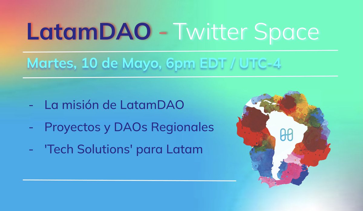 HarmonyLatamDAO's tweet photo. Acompáñanos el próximo Martes ‘10 de Mayo’ en nuestro primer Twitter Space en Español. https://t.co/CiXjzQT0fd