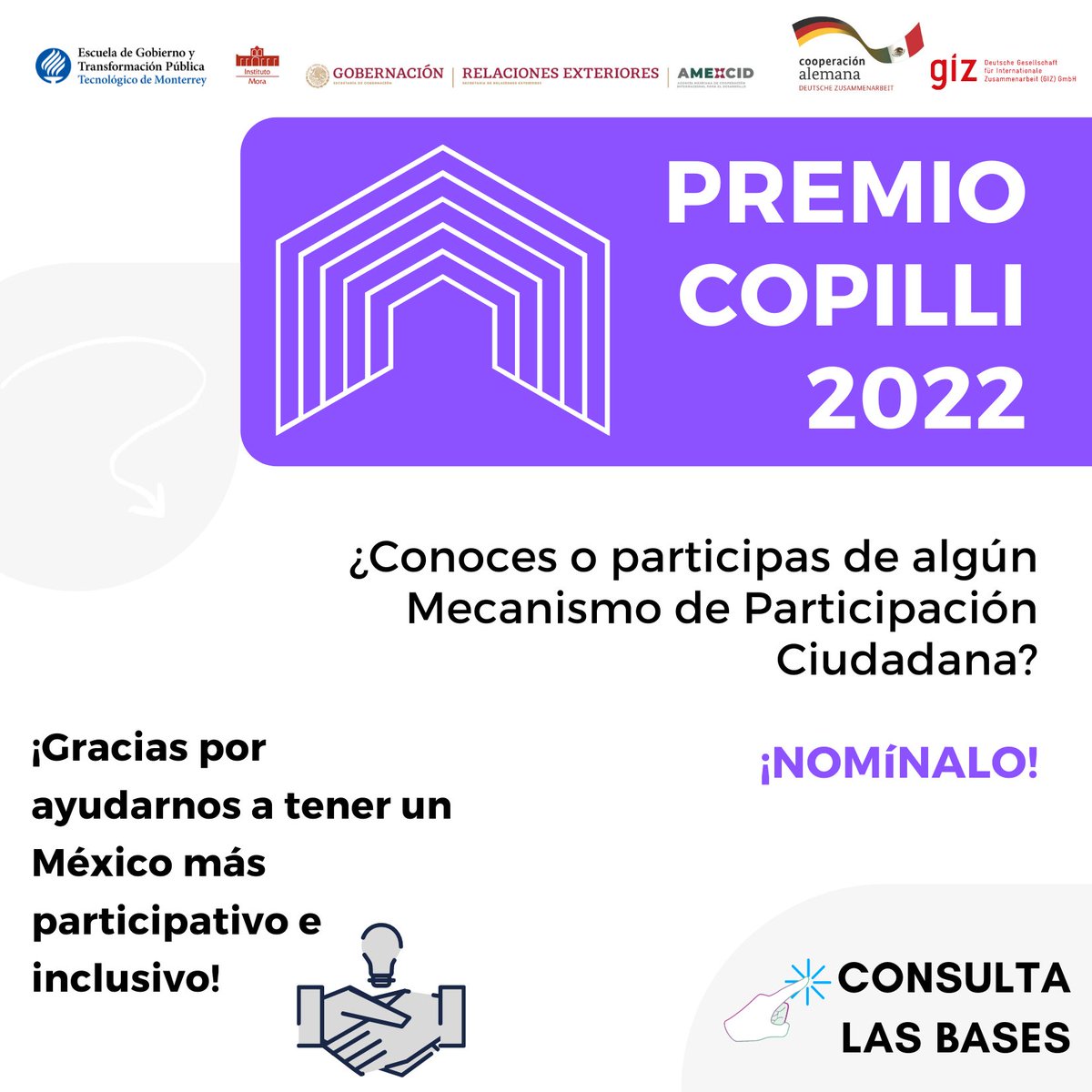 EGobiernoyTP's tweet photo. 📣  El #PROFOSC de @GIZMexicoBuenaGobernanza, @AMEXCID y #DGVOSC en alianza con @Institutomora @EGobiernoyTP y @SecretariadeGobernacion te invitan a participar en el #PremioCopilli 🏆

¡Consulta la convocatoria! 👉 https://t.co/TOuXVVMyrF https://t.co/QFYtFH8Joo
