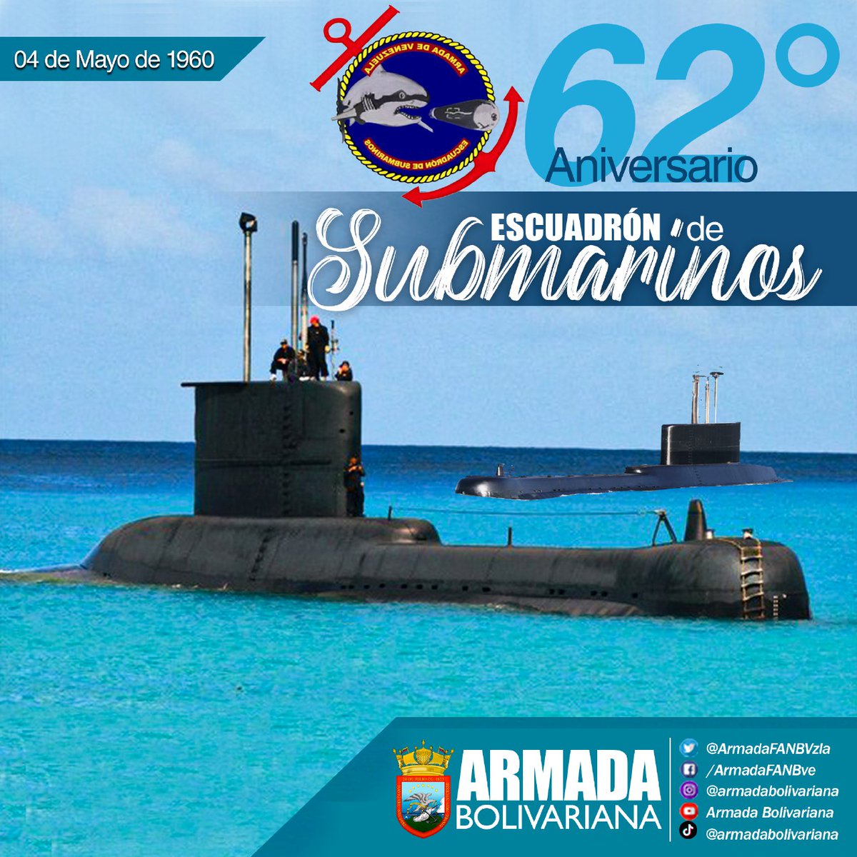#04May || Hoy la <a href="/ArmadaFANBVzla/">Armada_ve</a> felicita a las Mujeres y Hombres guardianes de las profundidades <a href="/ARB_CEDESU/">Escuadrón de Submarinos</a>, quienes arriban a su 62° Aniv llenos de mística, cohesión y capacitación para la Defensa de la Patria.

 Bz‼️

𝔸𝕝𝕞𝕒 𝕖𝕟 𝕖𝕝 𝔸𝕔𝕖𝕣𝕠

<a href="/NicolasMaduro/">Nicolás Maduro</a>