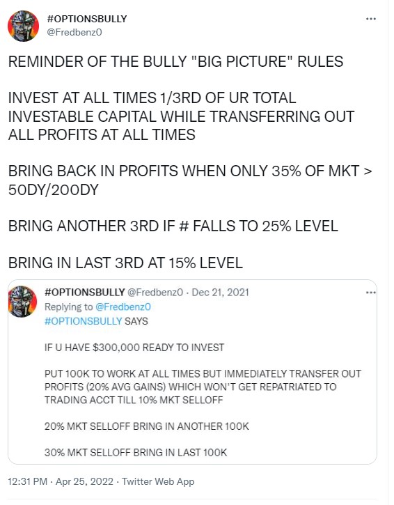 Fredbenz0's tweet image. RISK &amp;lt; 1.5% OF PORTFOLIO ON ANY 1 TRADE

BULLY SYSTEM ONLY WORKS IF U DONT CONCENTRATE RISK &amp;amp; INSTEAD OPT FOR HUNDREDS OF DIVERSE SMALL TRADES/WINS=#COMPOUNDPROFITS

IF U USE &amp;lt; 270 DAYS TILL EXPIRY UR GOING BANKRUPT. IF WE CANT GET 270, 255+ IS OK

1/3RD &amp;amp; 35% RULE STRICTLY APPLY