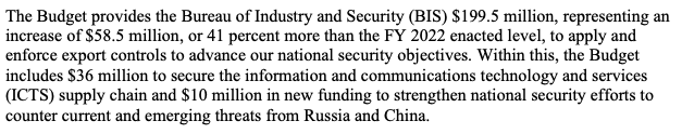 CTPinc's tweet photo. Biden Administration increases Bureau of Industry and Security (#BIS) budget to $199.5 million for FY2023 up from $58.5 million allocated in FY2022. Read more below:

https://t.co/yHSKi6YWWA https://t.co/9x6aGdQdSW