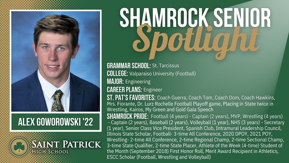 SaintPatrickHS's tweet photo. Up next for Seniors Spotlights are our three Varsity Shamrock Wrestling Captains. Congratulations Sean Conway (University of Chicago - Wrestling), Alex Goworowski (Valparaiso University - Football) and Peter Summers (University of Notre Dame)! #Classof2022 #SeniorSpotlights https://t.co/cbrA3bGPzy