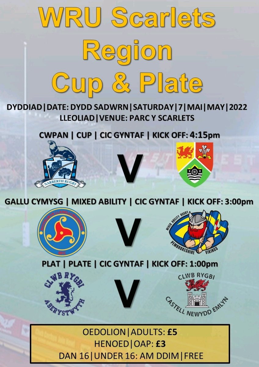 WRU_Scarlets's tweet photo. Come &amp; support! There will be a feast of rugby @official_parc on Saturday when the Finals of the WRUScarlets  Region Cup &amp; Plate takes place. Also, we have two Mixed ability teams going head to head @AberRFC @ClwbRygbiCNE @Narberth_RFC @FelinfoelRFC @GwilWarriors @PembrokeshireV https://t.co/yX3Qt2xjRm