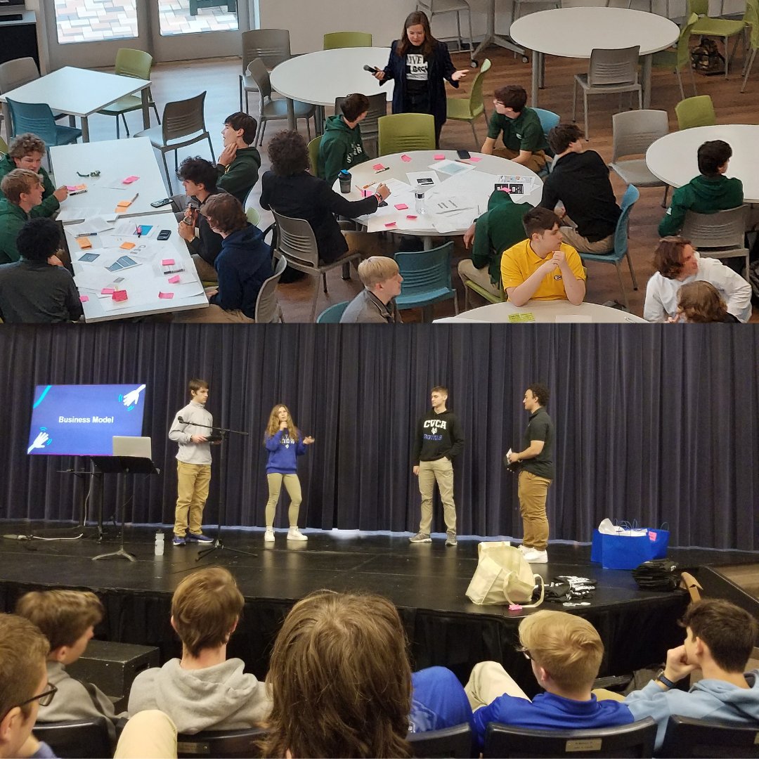 YouthBizForum's tweet photo. Our Design Challenge Hackathons held at @CVCAroyals & @wearesteds were guided by @GiveBackHack's Emily & Owen. 70 students learned impact gap mapping, prototyping, business model canvas & pitching using case studies for ideas & prototypes. #givebackhack #VYEF #VealeFoundation https://t.co/eC4K8QzZP3