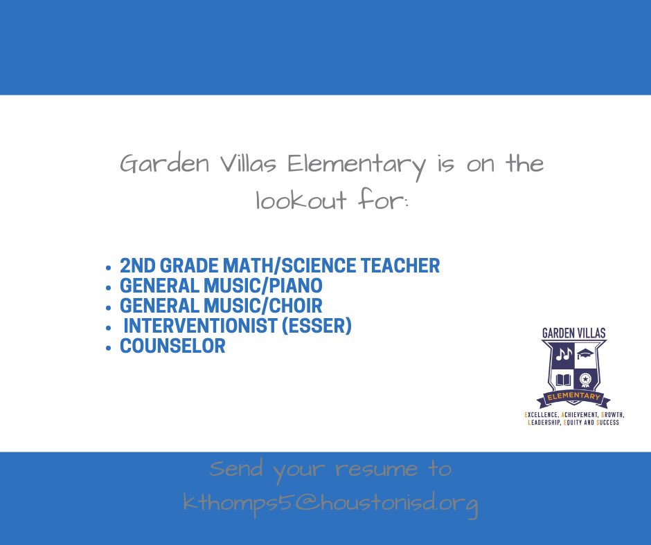 We are looking for extraordinary educators to join <a href="/GardenVillasES/">Garden Villas ES</a>. Come S.O.A.R. with us! <a href="/AP_TNR/">Tealisha Riley</a> @AmishaBlake @HISDRecruiter