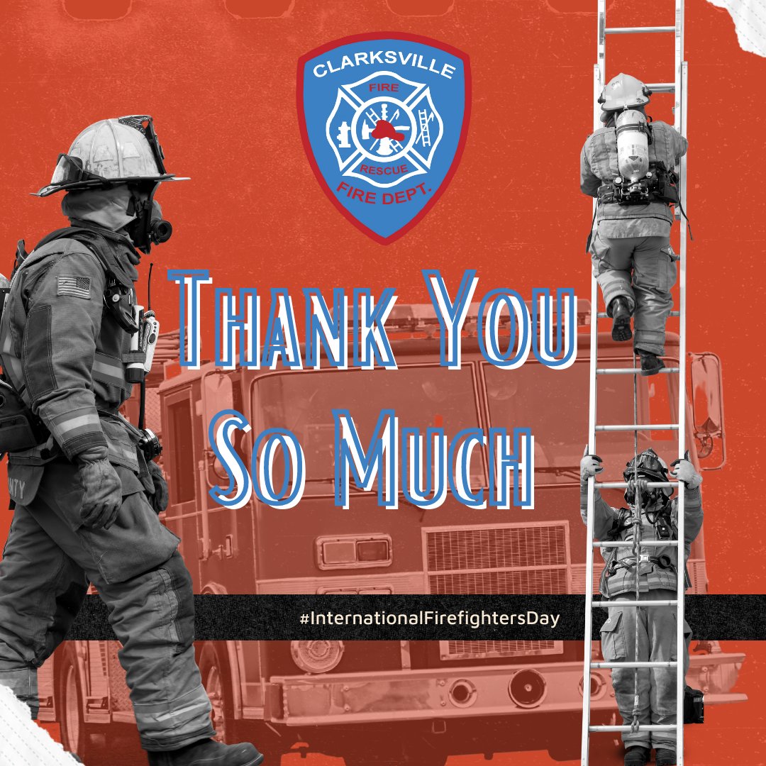 CvilleParks's tweet photo. Today, we honor the Clarksville Fire Department's brave men and women, who work tirelessly to keep our communities safe. Thank you so much for everything you do! #InternationalFirefightersDay https://t.co/jp65IQP80Z