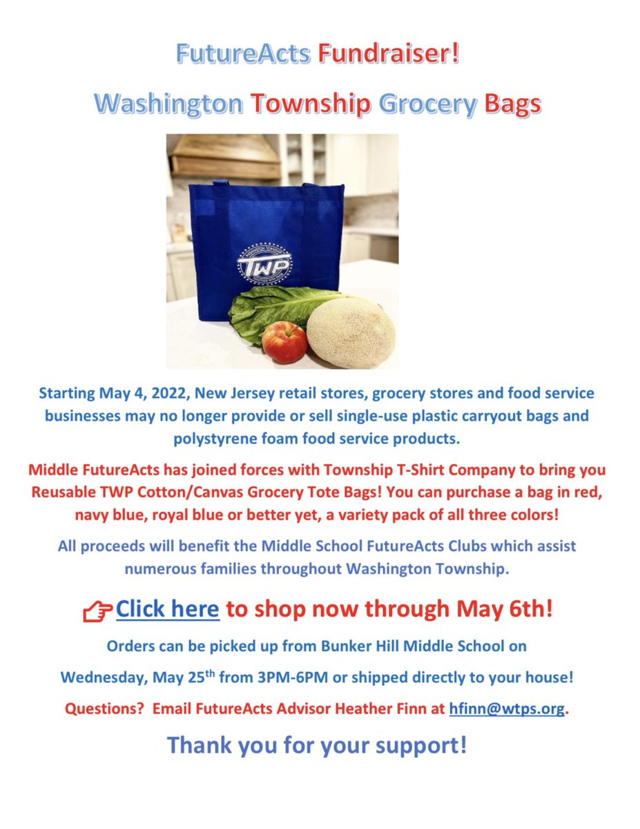BHMS FutureActs (@futureacts) on Twitter photo Middle School FutureActs is joining forces with Township T-shirt Company to bring you reusable grocery bags! All proceeds will benefit community members! …twpgrocerybagfundraiser.itemorder.com/shop/sale/
Deadline is this Fri, 5/6. <a href="/MaddyLavoe/">Maddy Lavoe</a> <a href="/ovmsFutureActs/">OVMS FutureActs</a> <a href="/MikeDOstilio/">Mike D'Ostilio</a> <a href="/DrMuscelli/">Greg Muscelli</a> @SuperintendWTPS Middle School FutureActs is joining forces with Township T-shirt Company to bring you reusable grocery bags! All proceeds will benefit community members! …twpgrocerybagfundraiser.itemorder.com/shop/sale/
Deadline is this Fri, 5/6. <a href="/MaddyLavoe/">Maddy Lavoe</a> <a href="/ovmsFutureActs/">OVMS FutureActs</a> <a href="/MikeDOstilio/">Mike D'Ostilio</a> <a href="/DrMuscelli/">Greg Muscelli</a> @SuperintendWTPS