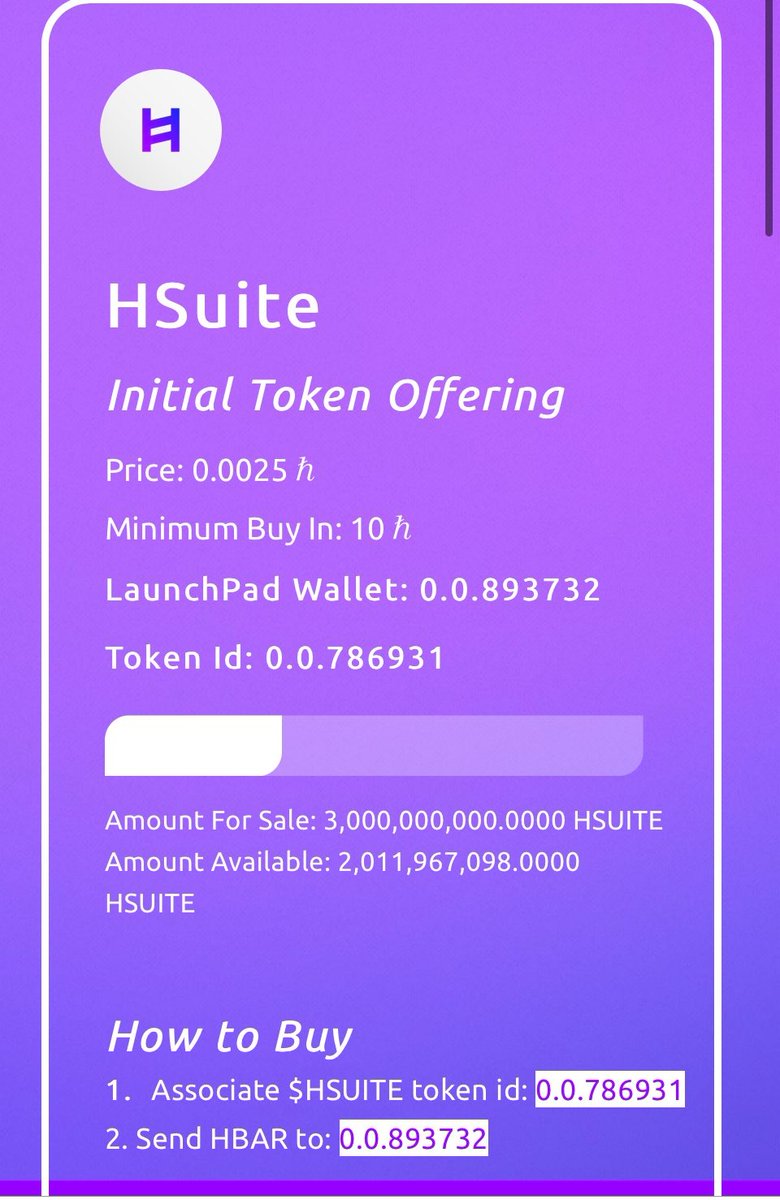HSuiteNetwork's tweet photo. #HelloFuture!
About 1/3 of ITO filled! πππ
You might want to get some $HSUITE before $HBAR goes back up.
How to join?
- Associate $HSUITE: 0.0.786931
- Send Min 10 $HBAR to: 0.0.893732
@Hedera
#Hederafirst
#β #Hashgraph #HBARSUITE #EnhancingHederaNetwork #HBARbarians https://t.co/qXNtMLvNAZ