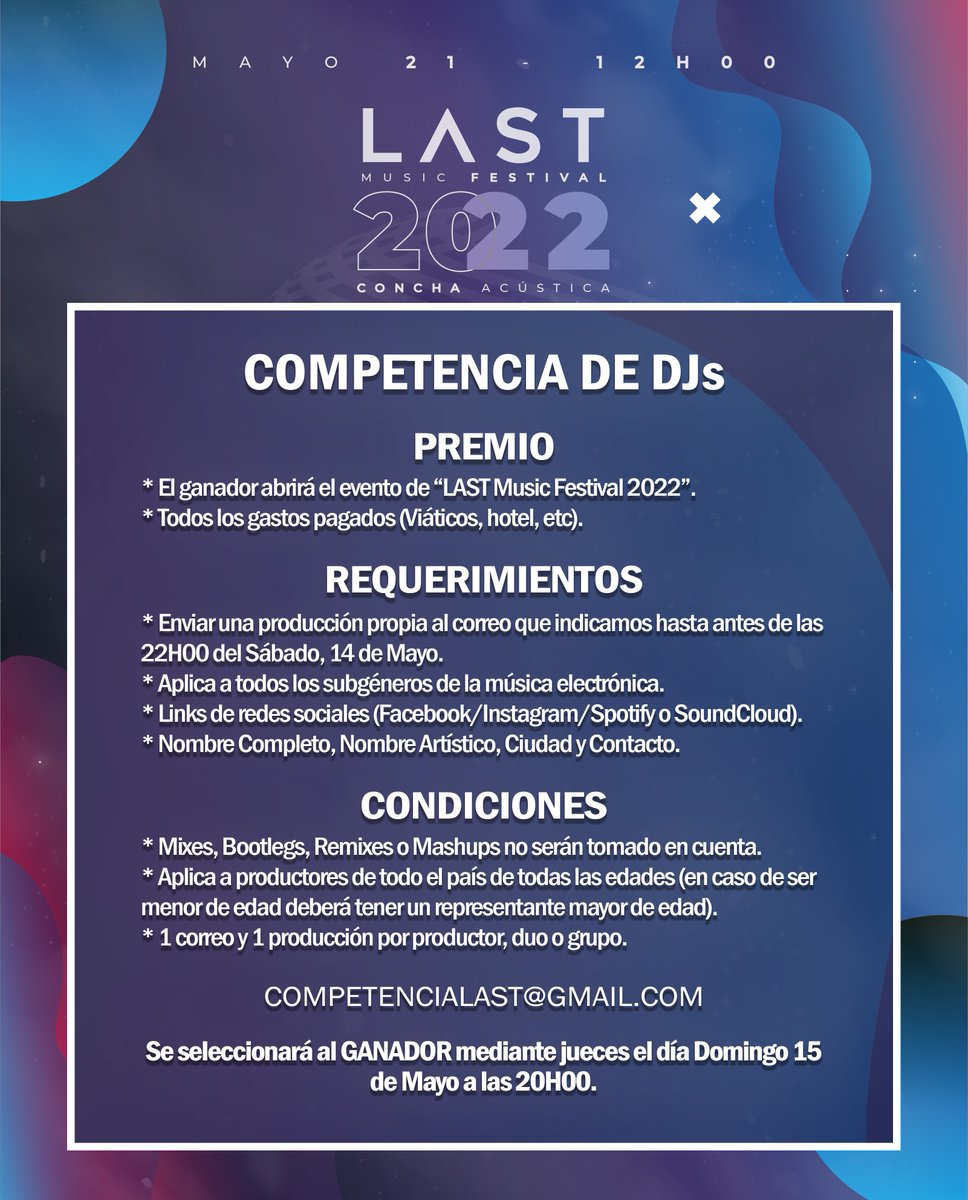 LastMusicFest's tweet photo. ¡Competencia de DJs! 🔥🔥
Lean las instrucciones y envien sus temas a competencialast@gmail.com 

¡Suerte a todos! https://t.co/ean8fytPcz
