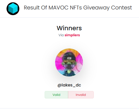 MAVOCNFT's tweet photo. Winner is @lakes_dc!

DM me to get your NFT. https://t.co/AsHLkYLuew