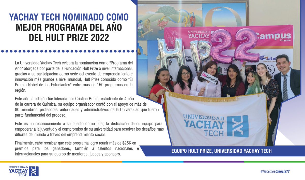 UniYachayTech's tweet photo. #Nota| 🛑 Yachay Tech, nominado como mejor programa del año de Hult Prize 2022, por parte de @hultprize Foundation internacional #SomosYachayTech 👌📕📈🧑‍🔬👨‍🏫👩‍🏫 @HultPrizeatYT

Lee la nota: ⬇️👌📕 https://t.co/vK3YmcBl0M