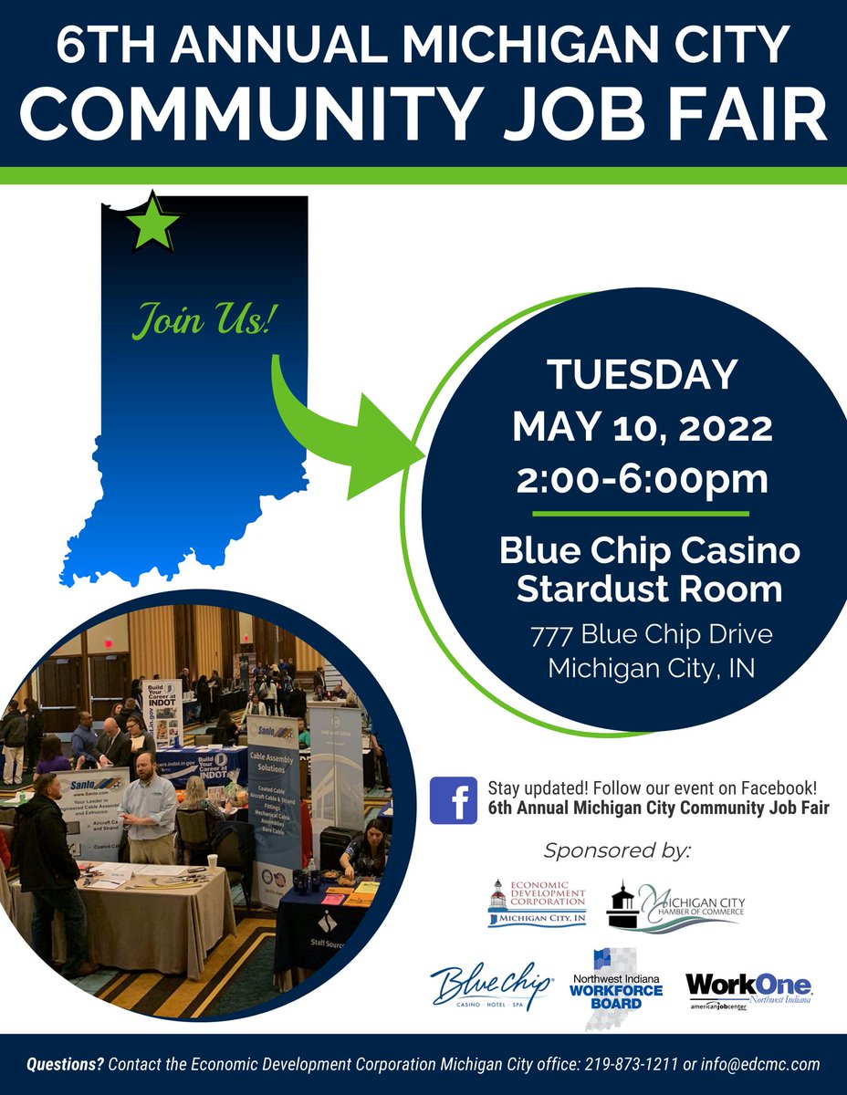 Michigan City is hosting their 6th Annual Community Job Fair! This will be held at the Blue Chip Casino. Check the employer list to see who's coming @EDCMichiganCity