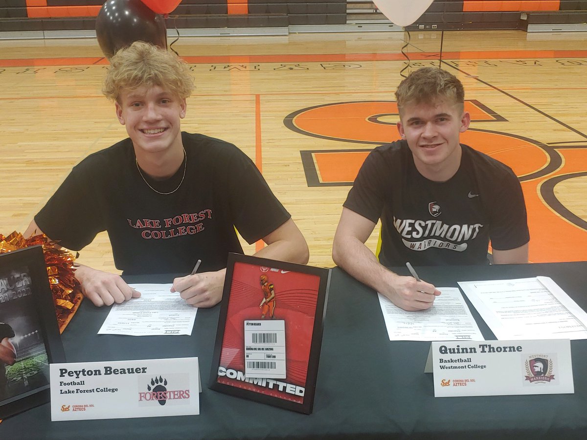 cdsboyshoops's tweet photo. We’d like to congratulate Senior Peyton Beauer on signing his NLI to play football at Lake Forest College and Senior Quinn Thorne on signing his NLI to play basketball at Westmont College! Their best days are ahead of them!

Congrats, gentlemen! #OnceAnAztecAlwaysAnAztec https://t.co/rQngrx4a2B