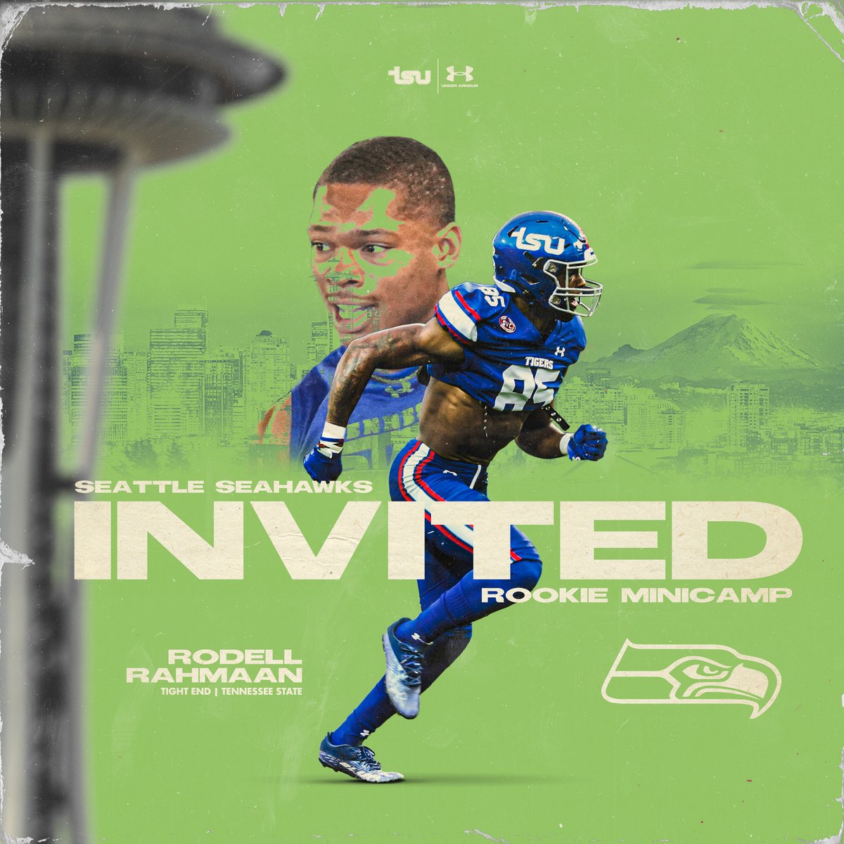TSUTigersFB's tweet photo. Pike Place just got another set of hands 🙌🏾. Congrats @RahmaanKR on your invite to @Seahawks Rookie Minicamp. 

A 1️⃣st team All-@OVCSports TE, Rahmaan finished the 2021 season with 30 catches for 490 yards and six touchdowns.

#RoarCity | #ProTigers 🔜 #12thMan https://t.co/CGUiuQCYLG