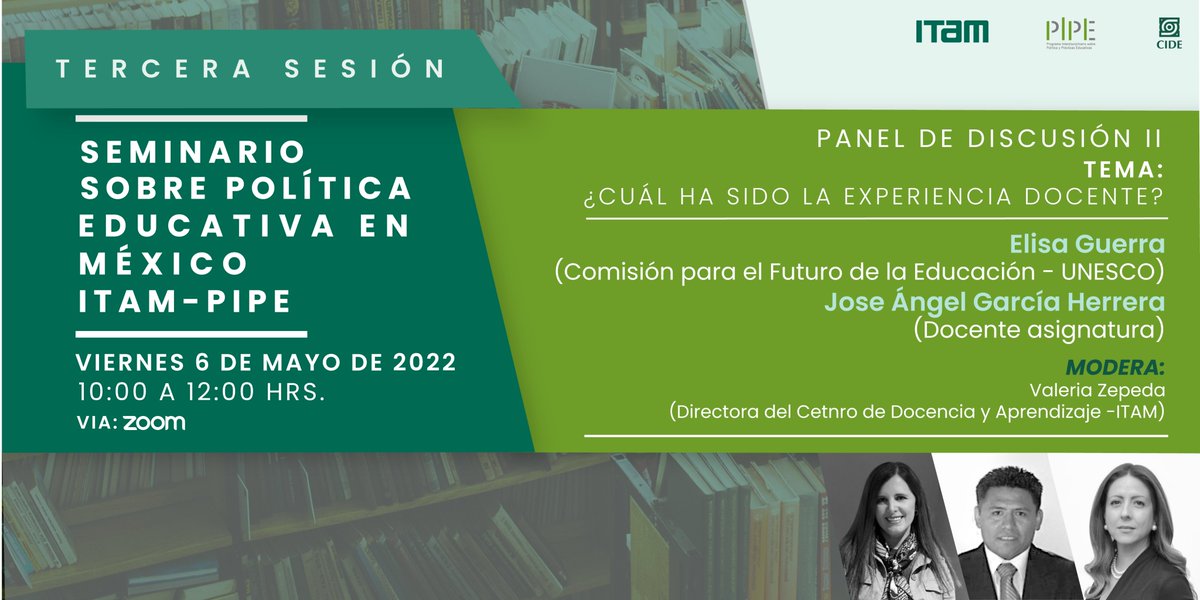 PIPECIDE's tweet photo. ¿Cómo afectó la pandemia a la práctica docente?¿Qué estrategias adoptaron las y los docentes ante el confinamiento? @ElisaGuerraCruz y José Ángel García discutirán sobre esto en el Seminario sobre sobre #PolíticaEducativa en 🇲🇽@ITAM_mx #PIPE. 
Registro: https://t.co/LAD722d0Oj https://t.co/fDpy9pa7nE