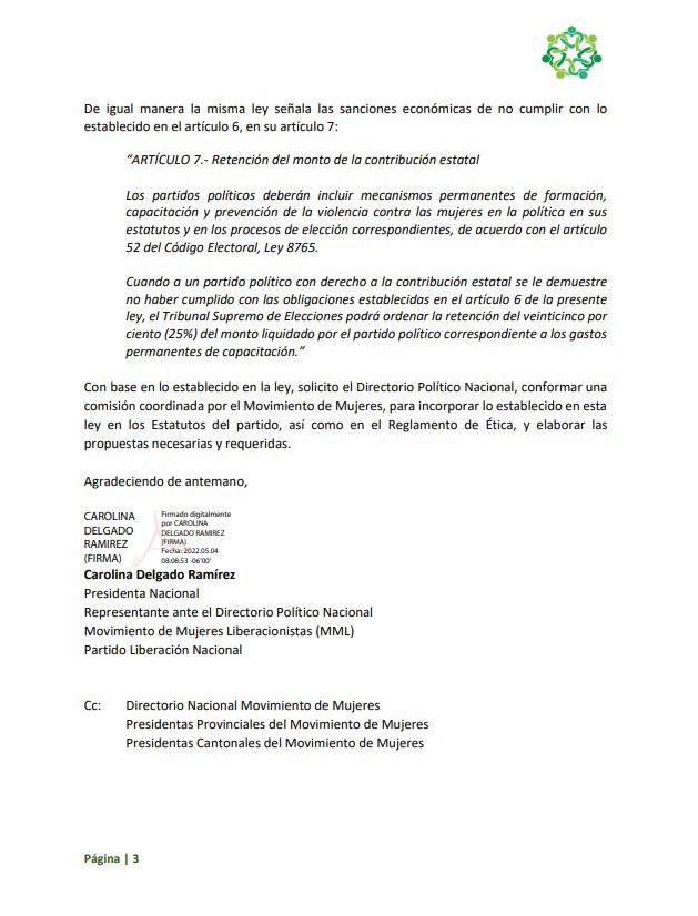 Prevenir la violencia política contra las mujeres comienza desde los partidos políticos, (Ley 10.235) como Presidenta del MML solicité una Comisión, para incorporarlo en los Estatutos y Reglamentos del Partido.#MovimientoDeMujeres #DirectorioPolitico #LiberacionNacional <a href="/plncr/">Liberación Nacional</a>