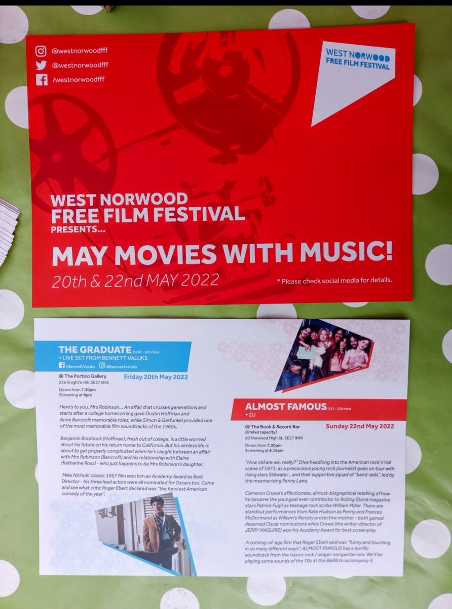 WestNorwoodFFF's tweet photo. We're back with two free film screenings this month. We will be seducing you with classic film 'The Graduate' @PorticoGallery on 20/5 and making you 'Almost Famous @BooknRecordBar on 22/5. Please join us for a weekend of "May Movies with music" #TheGraduate #AlmostFamous #WNFFF https://t.co/1Riza7hw0B