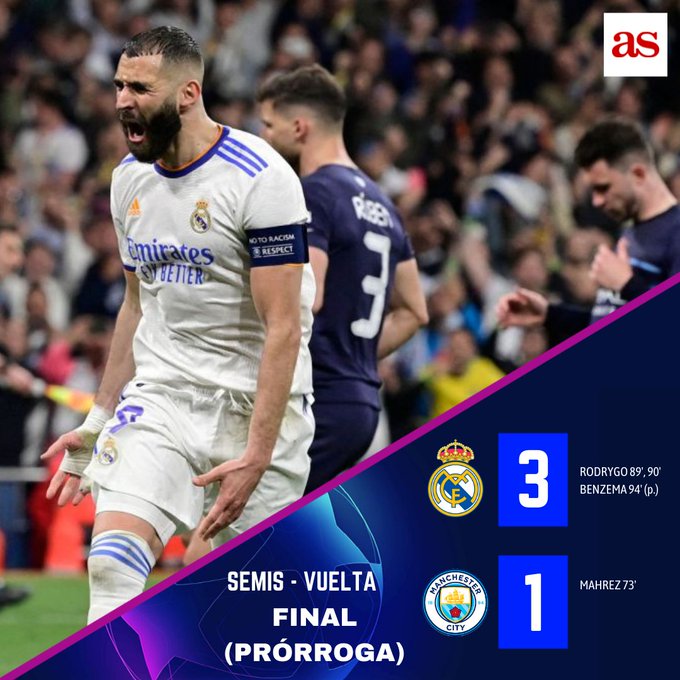US_diarioas's tweet photo. ¡FINAL! En una noche mágica en el Santiago Bernabéu, Real Madrid viene de atrás en una remontada épica y derrota al Manchester City  

⚪️ @realmadrid 3⃣ - 1⃣ @ManCityES 🔵
Global: 6-5 #UCL https://t.co/DoWGn6APUM