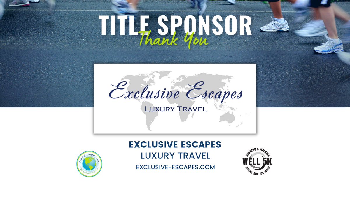 runningwell5k's tweet photo. 👏We proudly announce this year's Running and Walking Well 5K Title Sponsor: Exclusive Escapes! 👏Thank you for your support and partnership! ✨
👉Check them out at https://t.co/CtcSBcQFQ2 . 
 #race #goodhope #5k #running #fundraiser #GoodHope #runningcommunity #fundraiserevent https://t.co/OfeaFR8Zdn