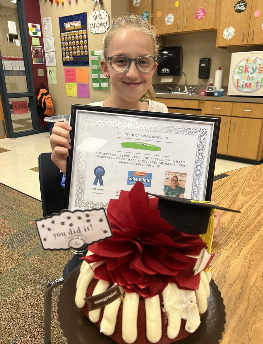 CESGalloway's tweet photo. A 5th grader graduated from Take Flight today! She worked hard and always did her homework. Her mom sent us this adorable cake to share, so we went around and told some of her previous teachers the exciting news! Way to go! @CESCowboys https://t.co/WFPUTmrxif