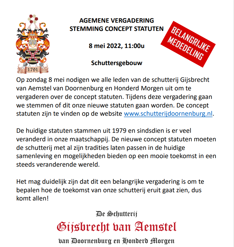 Beslis jij komende zondag ook mee over de toekomst van onze schutterij?