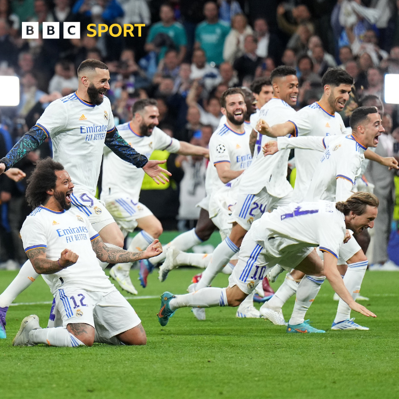 BBCSport's tweet photo. Have we just witnessed the best two-legged European Cup tie of all time? 🤔

Real Madrid will play Liverpool in the 2022 Champions League final in Paris on Saturday, 28 May.

#BBCFootball #RMAMCI #UCL