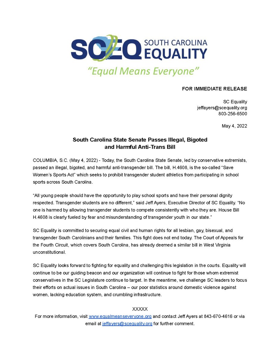 Here is our statement regarding the South Carolina State Senate's hateful, bigoted and anti-transgender vote on H4608. 

Our fight to protect transgender student athletes will continue and we are committed to continually fighting for equality across SC. #transrightsarehumanrights