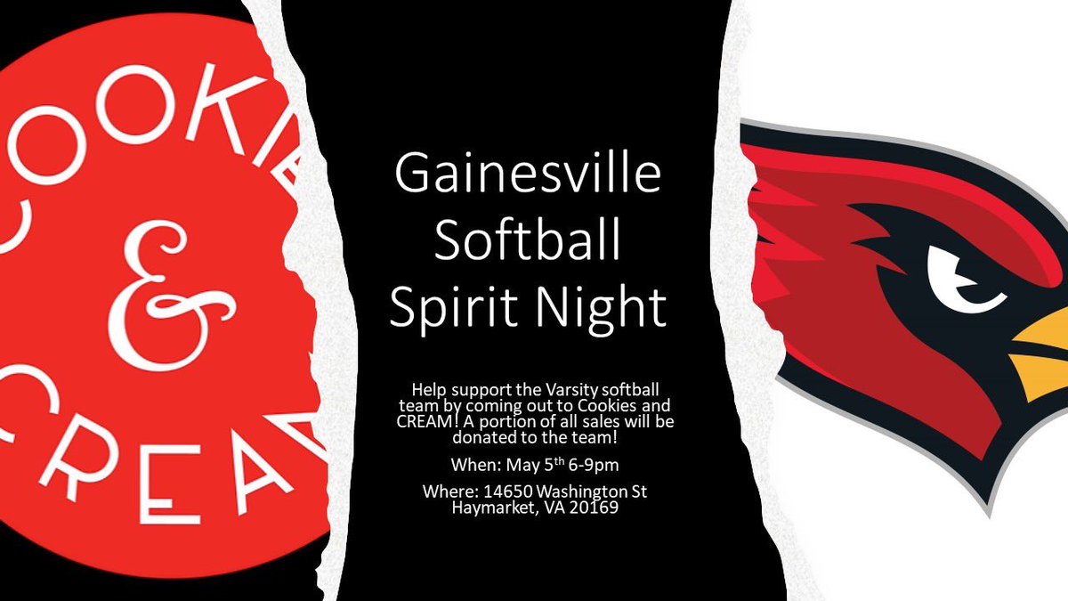The Gainesville Softball team is hosting a spirit night at Cookies and Cream tomorrow from 6-9pm! Please help pass this message along and come out to support our first year program!!! @GHS_Cardinals @GainesvilleHS @PWCSNews