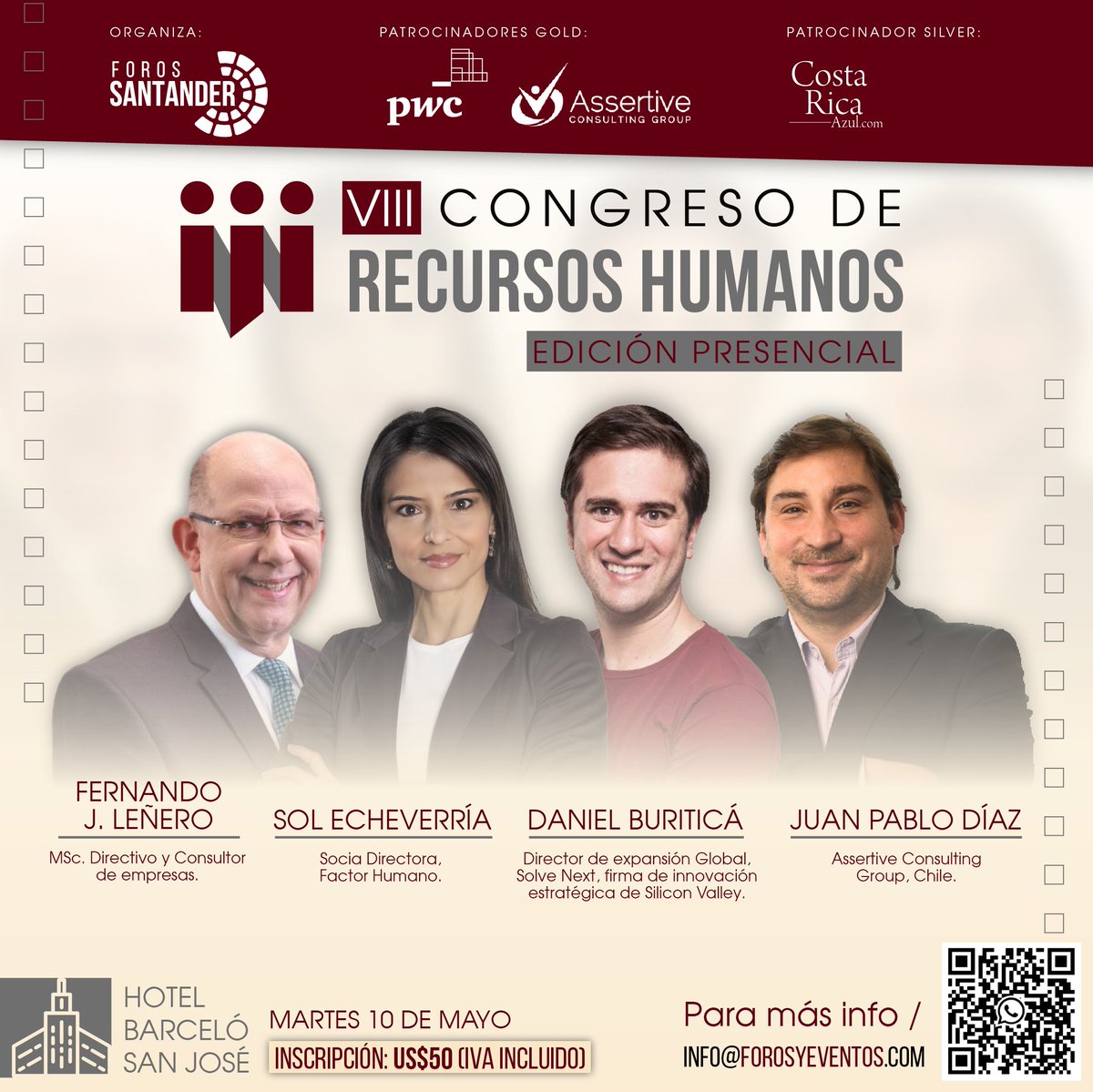 forossantander's tweet photo. Este próximo martes 10 de mayo, FOROS SANTANDER llevará a cabo por octavo año consecutivo el CONGRESO DE RECURSOS HUMANOS. 
Patrocinado por @PwC_Interameric - @CostaRicaAzul  - Con @sol_echeverria - @fjlenero1 - 
Inscripciones en https://t.co/HtcddALRqi https://t.co/JjYrlpmNuB