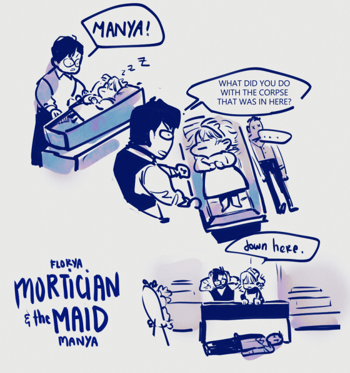 Manya sleeps in the coffins at work. 