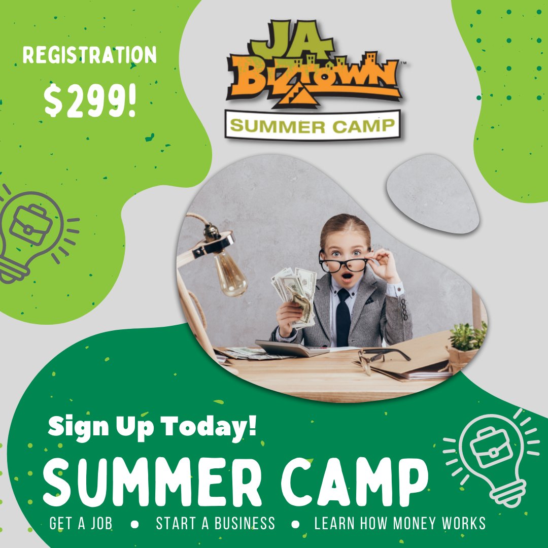 JAORSWWA's tweet photo. JA BizTown Summer Camp is a week full of fun, project-based activities that will inspire your student's entrepreneurial spirit! Campers will learn how to get a job, start a business and how money works.
https://t.co/ZfwfAZmEDY https://t.co/6J86To0TbS