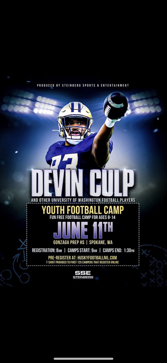 _DevinCulp_'s tweet photo. I am blessed to announce the official launch off my youth football camp this summer June 11th in Spokane, WA at Gonzaga Prep📍. My teammates and I are excited to have an opportunity give back to the youth in the Spokane community! VIST THE LINK THE MY BIO TO REGISTER! Go Dawgs!💜 https://t.co/IBrwSqcGMc