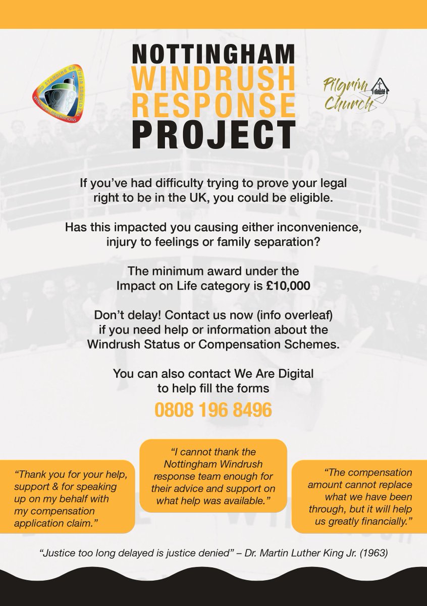 Have you or someone you know been affected by Windrush? If you need help proving British Citizenship or are wanting information about potential compensation please see the details below for further help and support. #windrush #nwrp #nottinghamwindrushresponseproject