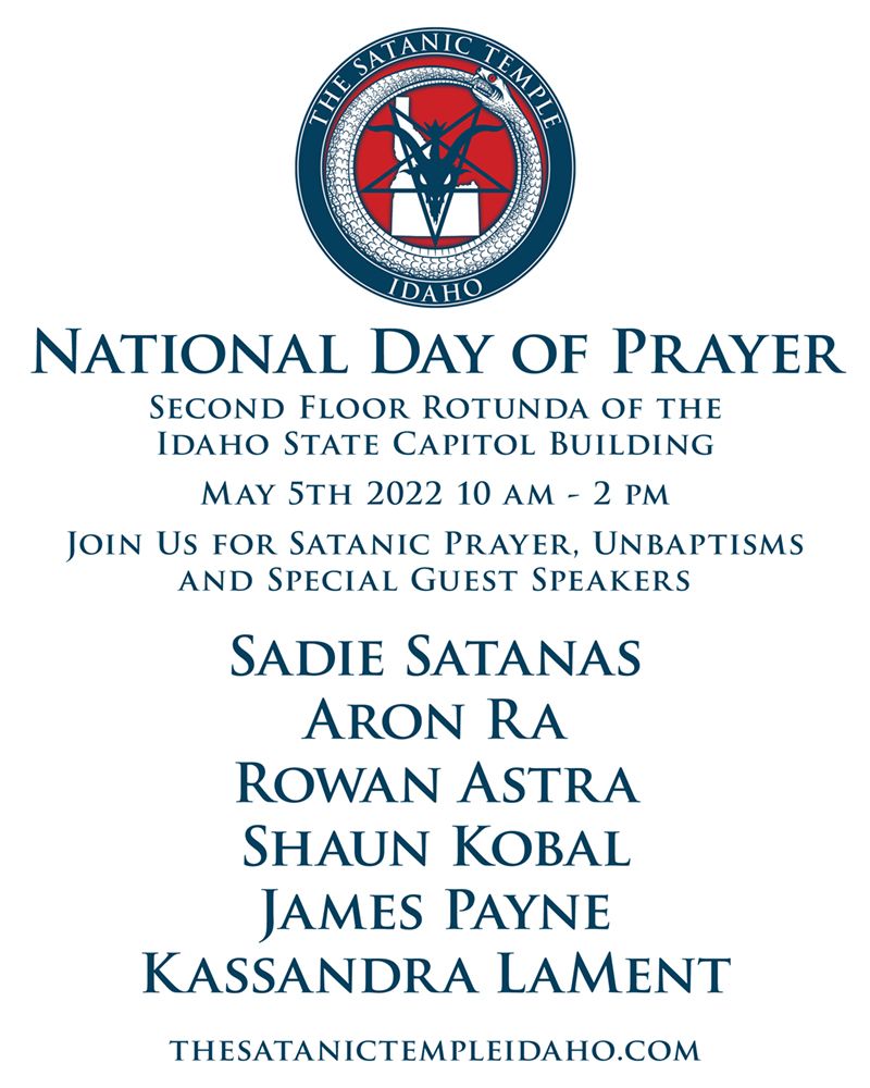 TSTIdaho's tweet photo. Join us for a hell of a good time! 🔥 
Please join us for a satanic prayer, keynote speakers such as @SadieSatanas, @aronra and @rowanastra, and of course Unbaptisms! 😈 

Hail Satan! 

#idaho #hailsatan #religiousfreedom #plurality #dayofprayer #satanism https://t.co/m3T9qFhll9