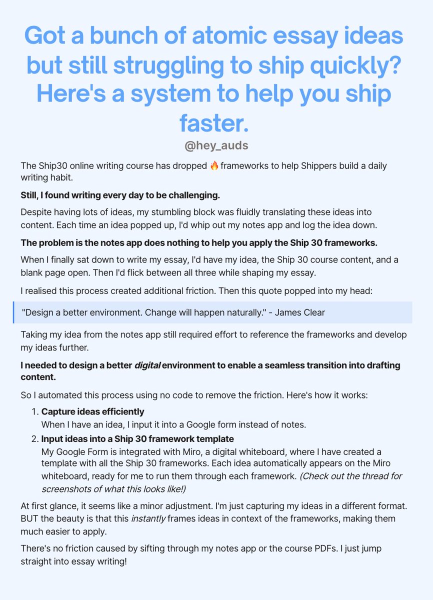 hey_auds's tweet photo. @JamesClear inspired me to think about how I design my environment to build habits. 

He talks about our physical environment but I realised its equally applicable to our digital environment. 

Here's how I'm using #nocode to help me build a daily writing habit for #ship30for30. https://t.co/wZ4EorBSzw